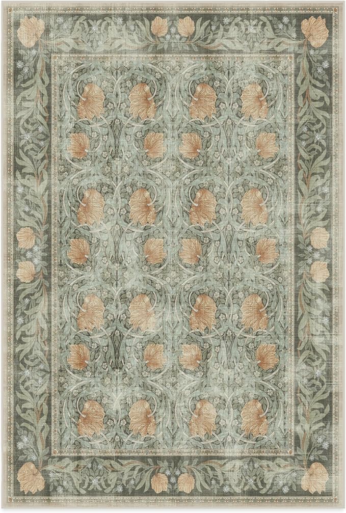 RUGGABLE x Morris & Co Washable Area Rug– Pimpernel Vintage Green 6x9, Stain-Resistant, Non-Slip – Medium Machine Washable Rugs for Living Room, Bedroom, Hallway, Entryway & Office–with Cushioned Pad