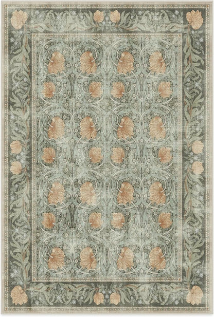 RUGGABLE x Morris & Co Washable Area Rug– Pimpernel Vintage Green 6x9, Stain-Resistant, Non-Slip – Medium Machine Washable Rugs for Living Room, Bedroom, Hallway, Entryway & Office–with Cushioned Pad