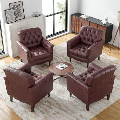 Faux Leather Accent Chairs Set of 4, Upholstered Armchairs with Nailhead Trims & Wood Legs for Living Room, Bedroom, Contemporary Comfy Club Chairs for Office-Dark Red