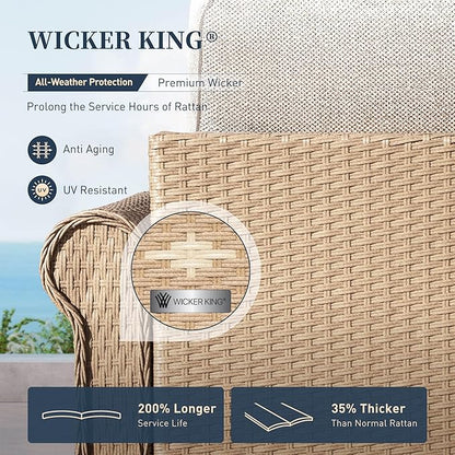 Patio Furniture Set 6 pcs, Wicker Rattan Sofa with 5.5” Thick Waterproof Cushions, 2 Chairs, 2 Ottomans and Coffee Table, All Weather Outdoor Conversation Set for Backyard Deck, 7 Seats Beige