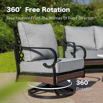 5 Piece Metal Outdoor Patio Furniture Set, Patio Conversation Sets 1 3-Seater Sofa, 2-Seater Sofa, 2 Swivel Sofa with 5.75" Thick Cushion & Coffee Table Black Backyard Furniture, Gray