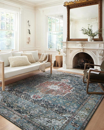 Loloi Margot Collection MAT-05 Ocean/Brick 7'-6" x 9'-6" Area Rug feat. CloudPile, No-Shed Easy Clean Large Patterned Area Rug for Living Room, Bedroom, Dining Area