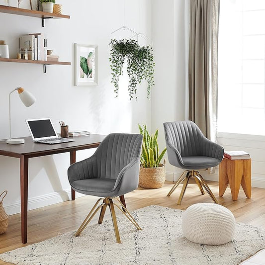 Zouron Mid Century Modern Swivel Accent Chair with Gold Metal Legs, Upholstered Swivel Chair No Wheels, Side Accent Arm Chair Vanity Chair for Small Space Home Office Living Room Bedroom, Grey
