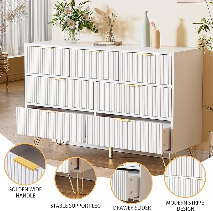 Dresser for Bedroom, Modern Fluted 47.2" Wide Chest of Drawers with Gold Pulls and 7 Drawers, 15.7" D x 47.2" W x 31.4" H, White