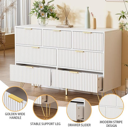 Dresser for Bedroom, Modern Fluted 47.2" Wide Chest of Drawers with Gold Pulls and 7 Drawers, 15.7" D x 47.2" W x 31.4" H, White