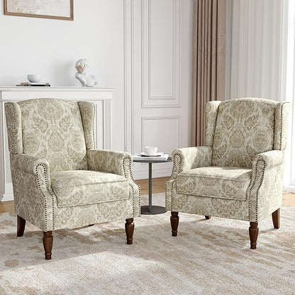 Wingback Accent Chairs Set of 2, High Back Upholstered Armchair, Printed Fabric Wingback Arms Chairs with Wood Legs, Single Sofa Reading Chair for Bedroom Living Room, White