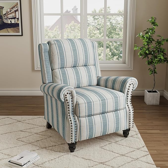 Pushback Recliner Chairs Set of 2, Comfy Fabric Wingback Recliner Chair, Upholstered Armchair Push Back Recliner with Wood Legs, Rivet Trim Accent Chair for Living Room, Bedroom, Blue Stripe