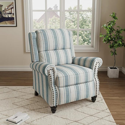 Pushback Recliner Chairs Set of 2, Comfy Fabric Wingback Recliner Chair, Upholstered Armchair Push Back Recliner with Wood Legs, Rivet Trim Accent Chair for Living Room, Bedroom, Blue Stripe