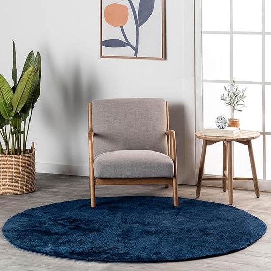 nuLOOM 6' Round Cozy Plush SuperiorWash Area Rug, Machine Washable, Non-Slip, Soft Fluffy Shag Carpet for Living Room Bedroom Kids Room Nursery Home Decor, Loni Navy