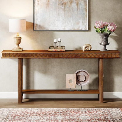 Tribesigns 70.9-Inch Extra Long Console Table, Solid Wood Sofa Table Behind Couch Narrow Long, 2-Tier Entryway Accent Table with Storage for Living Room, Hallway, Entrance, Foyer, Rustic Brown
