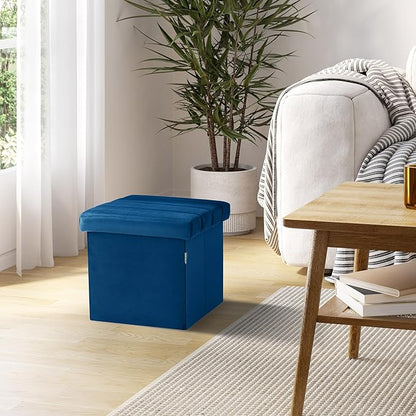 Seville Classics Cushioned Fabric Ottoman Hidden Storage Chest Footrest Chair, Padded Seat for Bedroom, Dorm, Loft, Living Room, Entryway, Hallway, Blue Velvet, 15.7" Cube