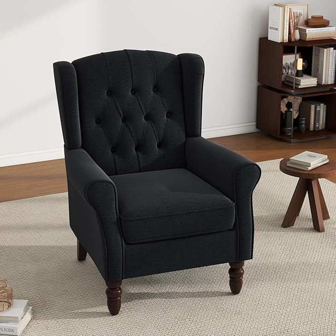 UIXE High Back Accent Chair, Fabric Upholstered Armchair Wingback Club Chair for Living Room, Comfy Single Sofa Bedroom Retro Reading Seat with Solid Wood Legs - Brown