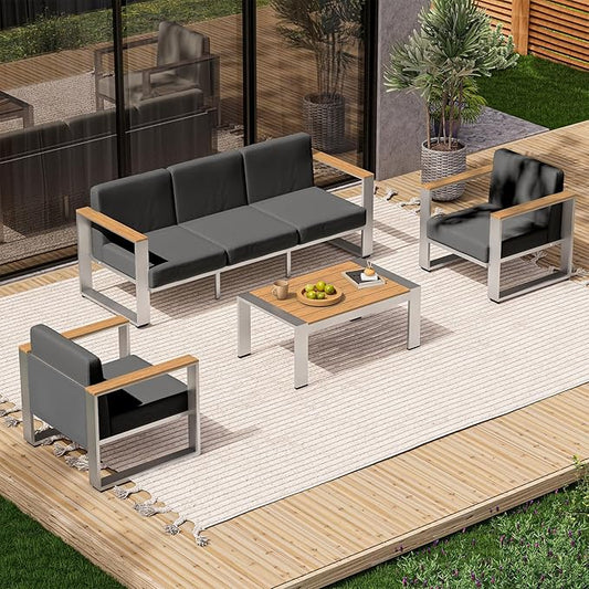 Aluminum Patio Furniture Set, 5 Seats Outdoor Patio Conversation Sets with Ergonomic Seat and Washable Thick Cushions, Modern Outdoor Sectional Furniture for Balcony, Porch (Teak-Charocal)