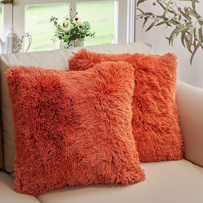 Cheer Collection Throw Pillows for Couch and Bed, Soft Shaggy Throw Pillows with Inserts Included, Cozy Long Hair Faux Fur Pillows - Set of 2-18" x 18" - Rust Orange