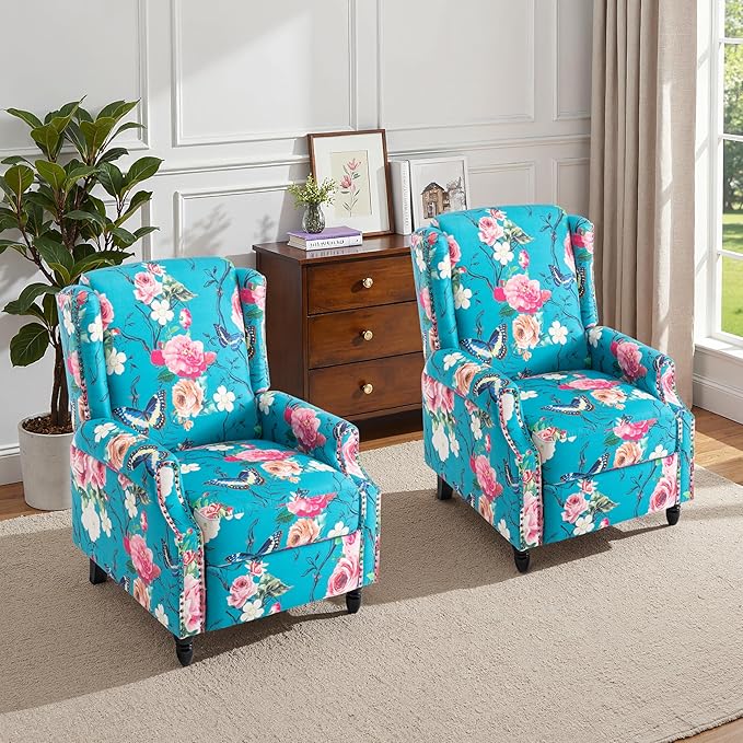 Pushback Recliner Chair Set of 2, Floral Fabric Wingback Recliner Chair, Upholstered Armchair Push Back Recliner, Rivet Trim Single Sofa Accent Chair with Wood Legs for Living Room, Peacock Blue