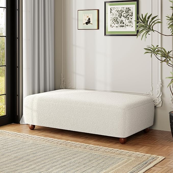 Christopher Knight Home Rika 48" Comfy Boucle Upholstered Bedroom Bench, Ottoman Bench with Rounded Wooden Legs, Spacious Seating, Long Footstool for Living Room, Entryway Bench, White + Walnut