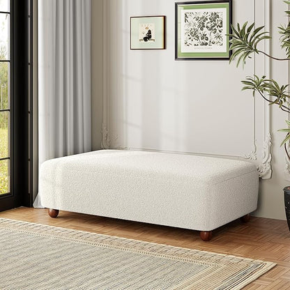 Christopher Knight Home Rika 48" Comfy Boucle Upholstered Bedroom Bench, Ottoman Bench with Rounded Wooden Legs, Spacious Seating, Long Footstool for Living Room, Entryway Bench, White + Walnut