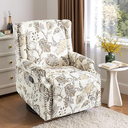Swivel Glider Recliner Chairs Set of 2, High Back Rocker Reclining Accent Chair with Smooth Manual Mechanism for Nursery, Comfortable & Quiet Upholstered Armchair Seating-Cream Plant