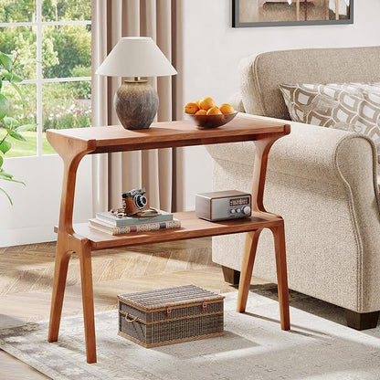 Tribesigns Wood Side Table, 2-Tier Modern Tall End Table with Storage Shelves, Slim Couch Side Table for Living Room, Narrow Bedside Table, Nightstands for Bedroom, Cherry