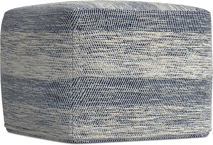 SIMPLIHOME Clay Boho Square Pouf in Patterened Teal Melange Cotton for the Living Room, Bedroom and Kids Room