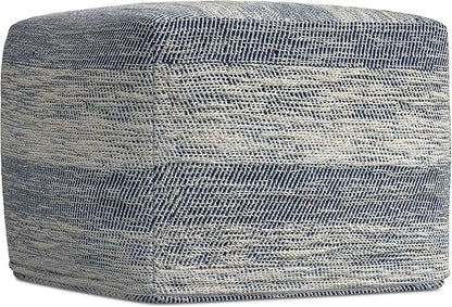 SIMPLIHOME Clay Boho Square Pouf in Patterened Teal Melange Cotton for the Living Room, Bedroom and Kids Room