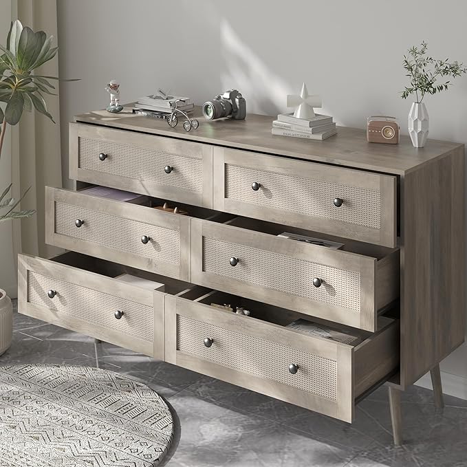 Rattan Dresser for Bedroom, Grey 6 Drawer Dressers & Chest of Drawers, Boho Dresser with Handles Wood Chests Storage Organizer Farmhouse Dressers for Closet, Hallway, Office