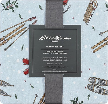 Eddie Bauer - Queen Sheets, Cotton Flannel Bedding Set, Brushed For Extra Softness, Cozy Home Decor (Snow Days, Queen)