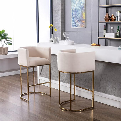 Contemporary Cream Linen Bar Stools Set of 4, 32" Upholstered Fabric Counter Height Barstool Kitchen Counter Island Stools with Golden Metal Base