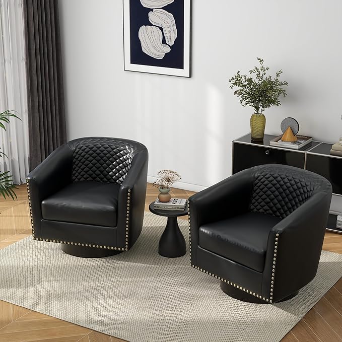 Pia Ricco Faux Leather Swivel Barrel Accent Chairs Set of 2, 360° Swivel Round Single Sofa Chair, Comfy Upholstered Club Armchair with Nailhead Trim for Living Room/Reading Room/Bedroom, Black