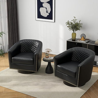Pia Ricco Faux Leather Swivel Barrel Accent Chairs Set of 2, 360° Swivel Round Single Sofa Chair, Comfy Upholstered Club Armchair with Nailhead Trim for Living Room/Reading Room/Bedroom, Black