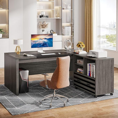 Tribesigns 62.2" Executive Desk with Mobile File Cabinet, L-Shaped Office Desk with Storage Shelves, Large Computer Table Business Workstation Set for Home Office, Grey