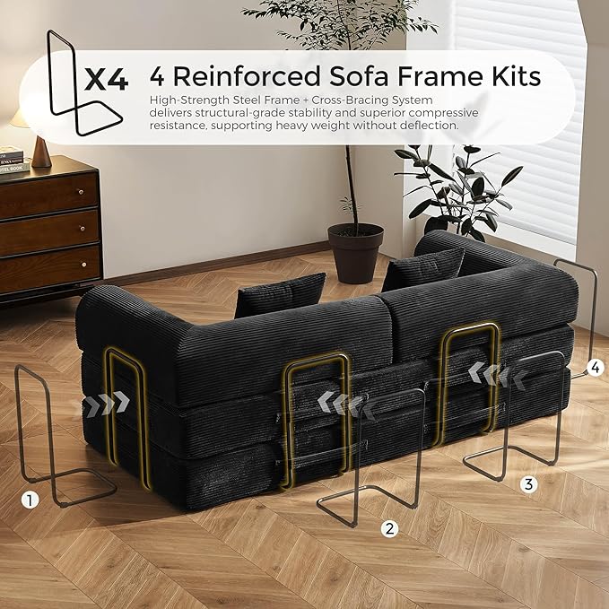 79" Convertible Sofa Bed with Fixed-Shape Frame & Removable Armrests, Modular Corduroy Sleeper Sofa, Folding Mattress Couch for Small Spaces - No Assembly Needed in Black (Includes 2 Pillows)