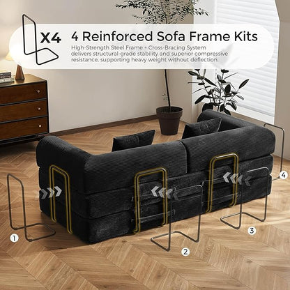 79" Convertible Sofa Bed with Fixed-Shape Frame & Removable Armrests, Modular Corduroy Sleeper Sofa, Folding Mattress Couch for Small Spaces - No Assembly Needed in Black (Includes 2 Pillows)