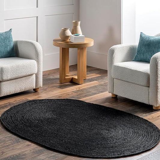 nuLOOM Oval 4x6 Rigo Jute Hand Woven Area Rug, Black, Solid Farmhouse Design, Natural Fiber, For Bedroom, Living Room, Dining Room, Hallway, Office, Kitchen, Entryway
