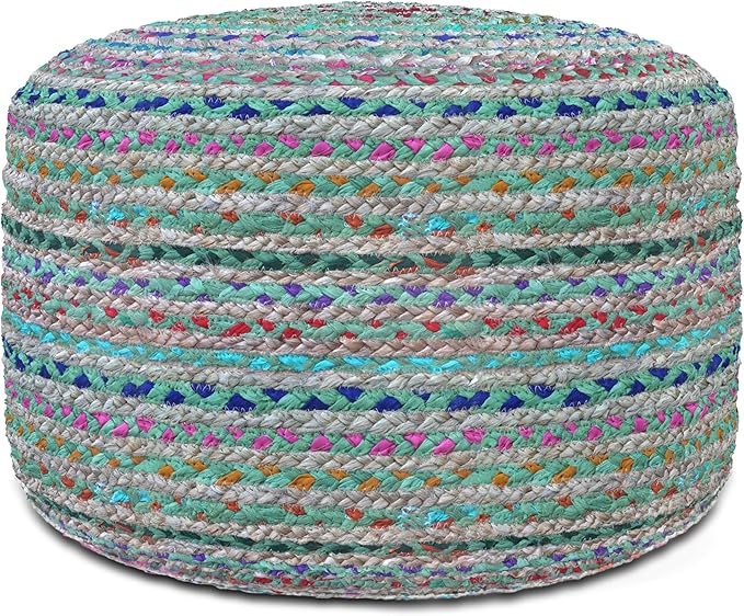 SIMPLIHOME Margo Boho Round Pouf in Green Braided Jute for the Living Room, Bedroom and Kids Room