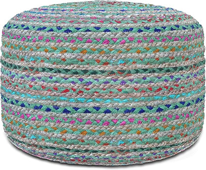 SIMPLIHOME Margo Boho Round Pouf in Green Braided Jute for the Living Room, Bedroom and Kids Room
