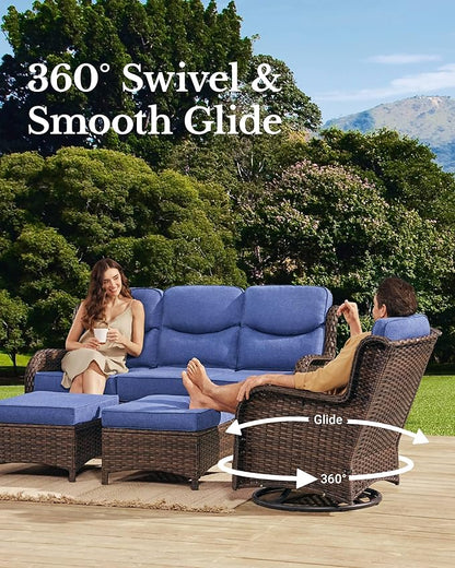HILLGA Luxury Patio Furniture Set with 6-inch Thick Cushion, Outdoor Couch and High Back Swivel Rocker Patio Chairs, 8PCS Wicker Conversation Set for Deck Yard and Poolside, Blue (V2)