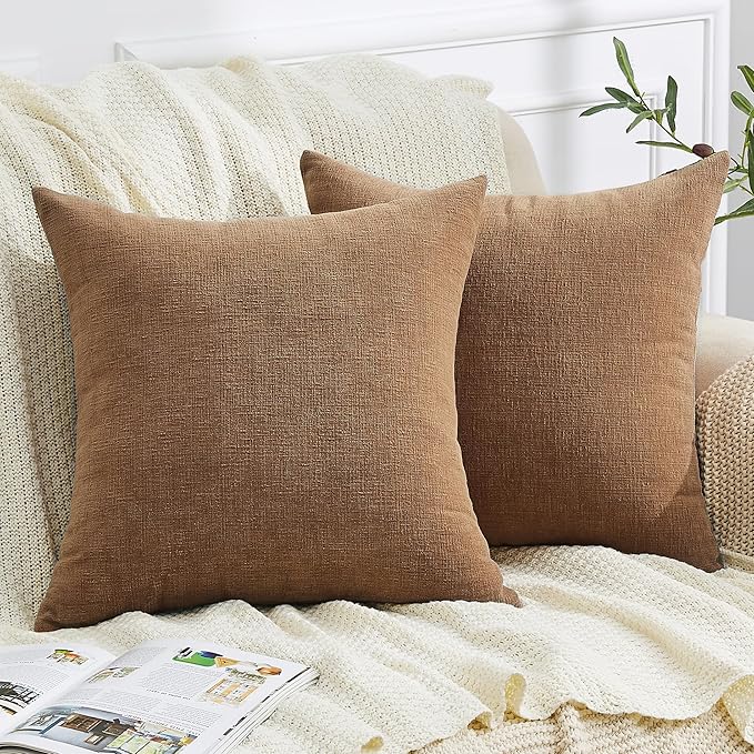 GAWAMAY Decorative Chenille Throw Pillow Covers 24x24 Inch Pack of 2, Soft Square Couch Pillow Cover for Sofa Cushion Living Room Bedroom Solid Dyed Pillowcases Brown 60x60cm (ONLY Covers)