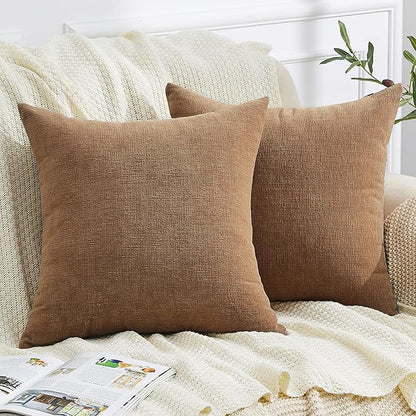 GAWAMAY Decorative Chenille Throw Pillow Covers 24x24 Inch Pack of 2, Soft Square Couch Pillow Cover for Sofa Cushion Living Room Bedroom Solid Dyed Pillowcases Brown 60x60cm (ONLY Covers)