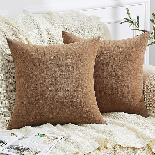 GAWAMAY Decorative Square 16x16 Inch Throw Pillow Covers Set of 2, Super Soft Chenille Pillows Farmhouse Fall Pillowcase for Living Room Bedroom Sofa Couch Cushion Cover Brown 40x40cm (No Inserts)