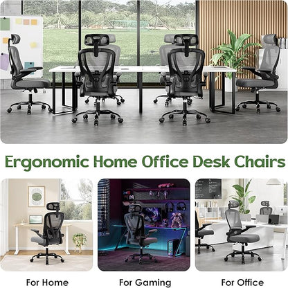 Office Chair Ergonomic Desk Chair - Mesh High Back Office Chair with Headrests Wheels Lumbar Support Home Desk Office Chairs Flip up Armrest Executive Rolling Swivel Task Computer Chair Gray