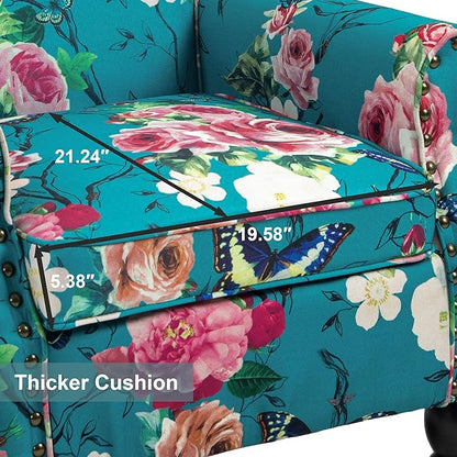Accent Chair, Upholstered High Back Floral Armchair with Nailhead Trim & Wood Legs, Comfy Wingback Reading Single Sofa Chair for Small Spaces, Living Room, Bedroom (Blue Floral, Set of 1)