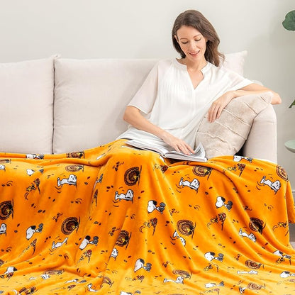 Berkshire Blanket Peanuts® VelvetLoft® Cute Character Snoopy Plush Throw Blanket,Snoopy and Woodstock Fall Birds & Leafs Orange,Throw 55 in x 70 in (Official Peanuts® Product)