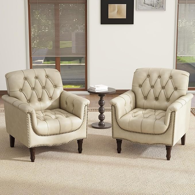 Lumibee Faux Leather Armchairs, Contemporary Accent Chairs Set of 2 with Nailhead Trims & Wood Legs for Living Room, Upholstered Comfy Arm Chairs for Office,Bedroom-Beige