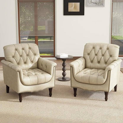 Lumibee Faux Leather Armchairs, Contemporary Accent Chairs Set of 2 with Nailhead Trims & Wood Legs for Living Room, Upholstered Comfy Arm Chairs for Office,Bedroom-Beige