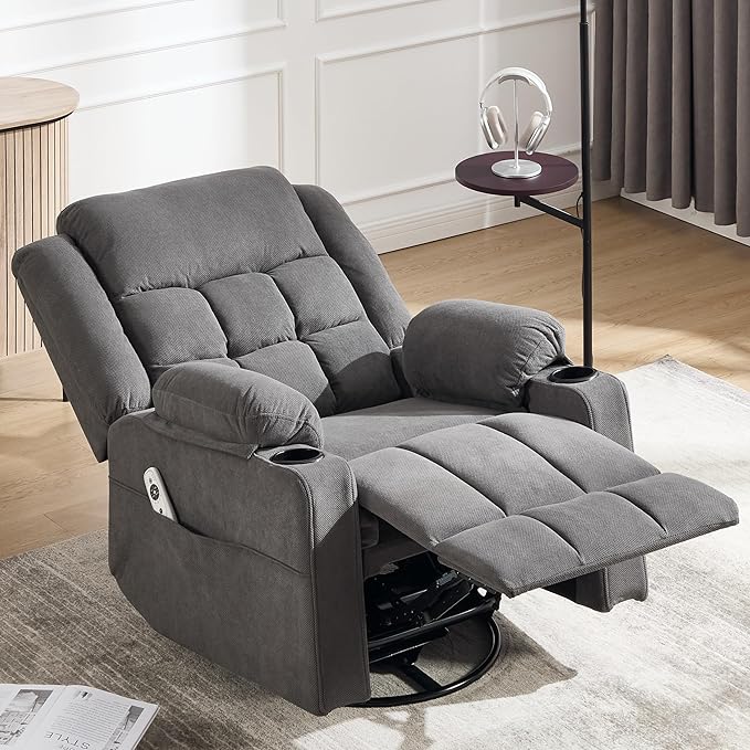 Swivel Rocker Recliner Chair for Adults with Massage and Heat, Cup Holders and Side Pockets, Glider Rocking Reclining Single Sofa Chair for Living Room (Dark Gray)
