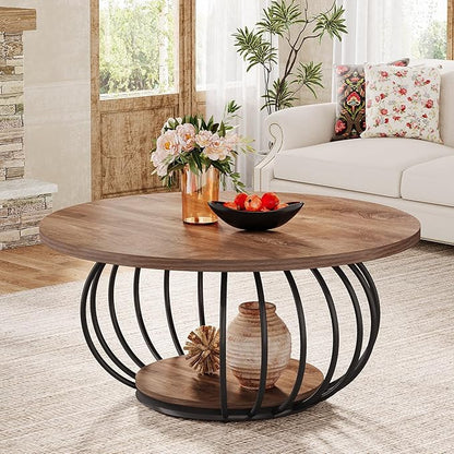 Tribesigns Round Coffee Table for Living Room, 39.4" Industrial Wooden 2-Tier Circle Accent Center Cocktail Table with Storage Shelf and Metal Frame, Rustic Brown & Black
