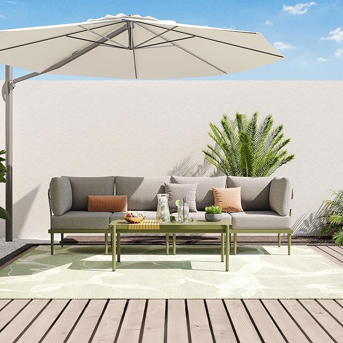 Sundale Outdoor 5 Pieces Metal Patio Furniture Set, Outdoor Sectional Sofa w/6 Inch Olefin Cushion and Coffee Table, Modern Outdoor Conversation Sets (4 Seats, Green Frame)