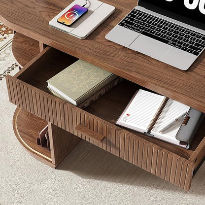 ONBRILL 58" Fluted Executive Desk with Storage, Home Office Desk with Drawers, Wood Computer Writing Desks with Charging Station for Study Living Room Bedroom Work Walnut