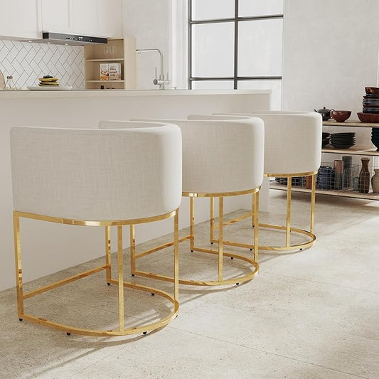 Contemporary Cream Linen Bar Stools Set of 3, 24" Upholstered Fabric Counter Height Barstools Kitchen Counter Island Stools with Screwed Together Golden Metal Base